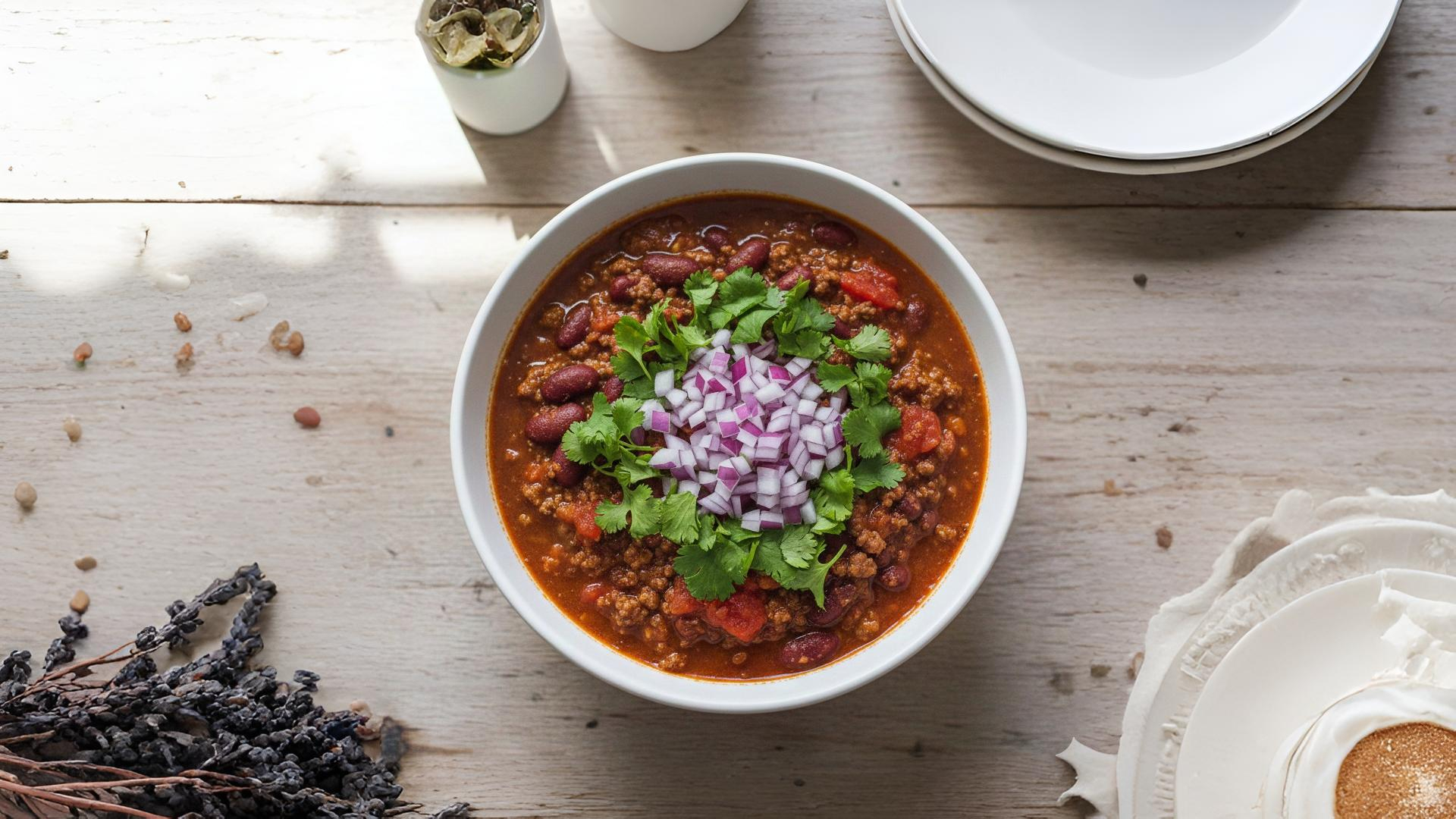 Bowl of chili on a white, farmhouse style, decorated wooden table.